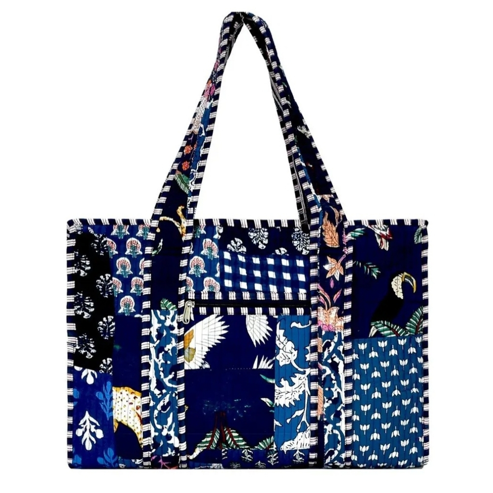 Quilted Navy Patchwork Tote Bag
